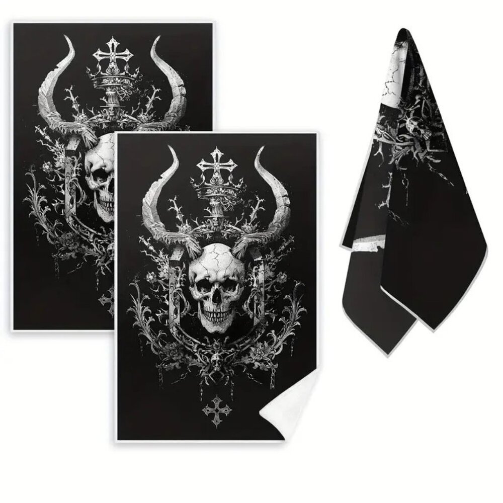 Set of 2 Halloween Skull Hand Towels Kitchen Dish Cloths Gothic Goth Horror NWOT